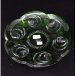 A 20th Century emerald green flashed glass dish, etched with wildlife