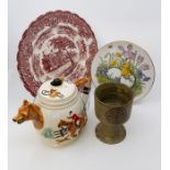 A Cornish Tremar goblet, together with a three piece tea set, hunting scene, (Keele Street Pottery