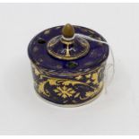 Early 19th Century Derby inkwell, rich blue ground with gilt foliage and floral detail, lid with