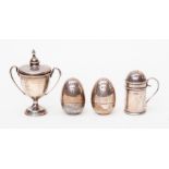 A pair of egg shaped silver pepper pots, marks worn probably Birmingham 1901, Deakin & Francis