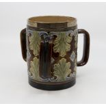 Royal Doulton Lambeth silver rimmed three handled loving cup