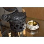 A Yemen amulet made into an ashtray, white metal, together with a white metal lined ice bucket and