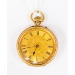 An 18ct gold cased open faced pocket watch, gold dial with numerals. foliate decoration, case