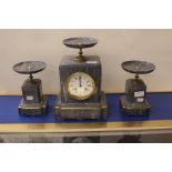 Marble clock garniture, grey, hourly and 1/2 hour striking, French