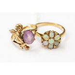 A 9ct gold and opal set cluster ring, flower head design set with oval and round opals, size P,