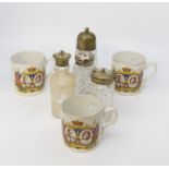 Cut glass perfume bottle, sugar castors, mustard, vinegar bottles, together with three commemorative