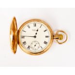 A Waltham half hunter 9ct gold pocket watch, Roman numerals, subsidiary dial, case diameter approx