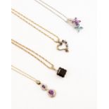 A collection of 9ct gold pendants to include a diamond set cluster, amethyst and diamond version,