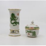 Meissen late 20th Century vase, with green and Chinese dragon design with gilt borders and covered