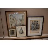 A quantity of assorted prints and one watercolour, four Warhouseman Gazette Fashion plate prints,