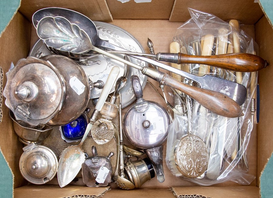 Assorted silver plated items including cutlery, mustard pots, bowls and covered bowl with