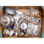 Assorted silver plated items including cutlery, mustard pots, bowls and covered bowl with