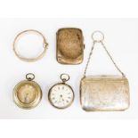 A George V silver purse with chain and finger ring, engraved ribbon bar and sways, a silver