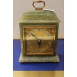 A mid 20th Century green onyx mantle clock, with made in Belgium on reverse, retailed by Swansea