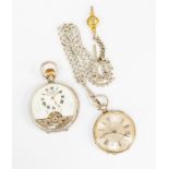 Two silver pocket watches, comprising an 8 day Swiss made engine turned watch and a further ladies