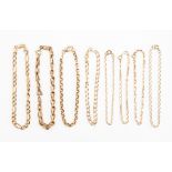 A collection of eight 9ct gold chains bracelets, various link styles and lengths, with combined