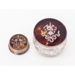 Two faux tortoiseshell, Birmingham silver dressing table pots, larger example with cut glass bowl,