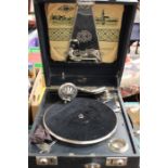 A Russian Parlophone Lindex gramophone plus two discs