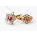 An opal and coral set dress ring, 9ct gold, comprising four round coral set to the centre with