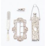 Victorian silver buckle, Birmingham 1901, silver chatelaine perfume bottle, page marker with