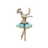 A mid Century gilt metal brooch in the form of a ballerina with turquoise coloured enamel tutu,