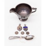 Walker & Hall milk jug, Sheffield 1941, Georgian tea spoons, fobs and silver coins, 163.69 grams