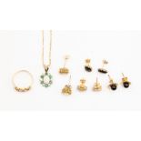 A collection of 9ct gold and unmarked yellow metal jewellery to include an opal cluster/emerald