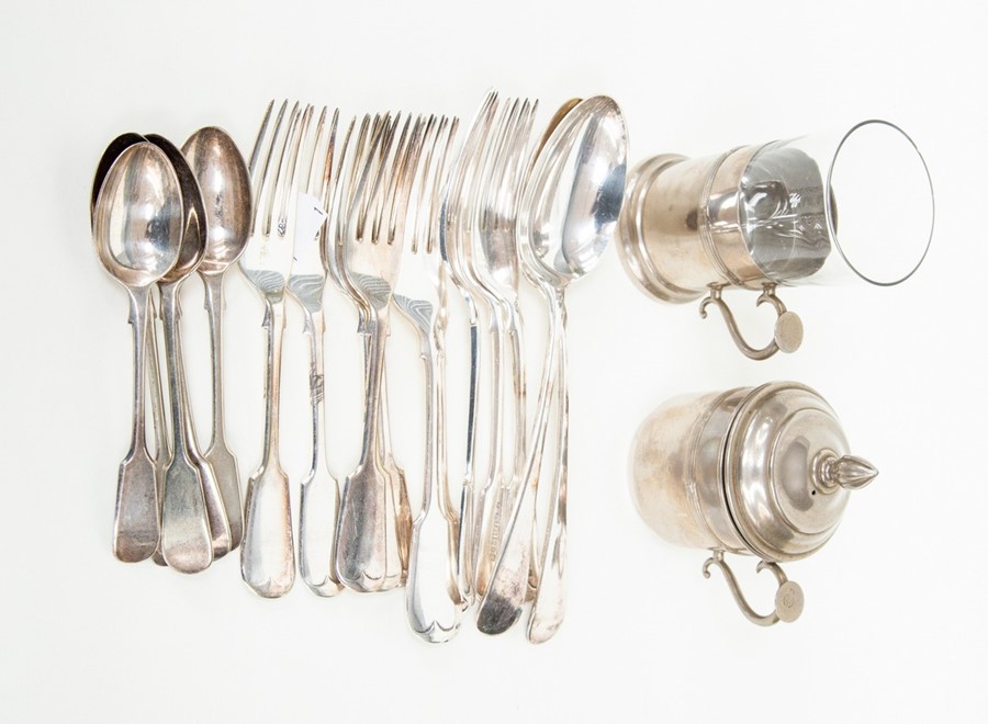 A plated coffee maker/cup and plated cutlery including Walker & Hall