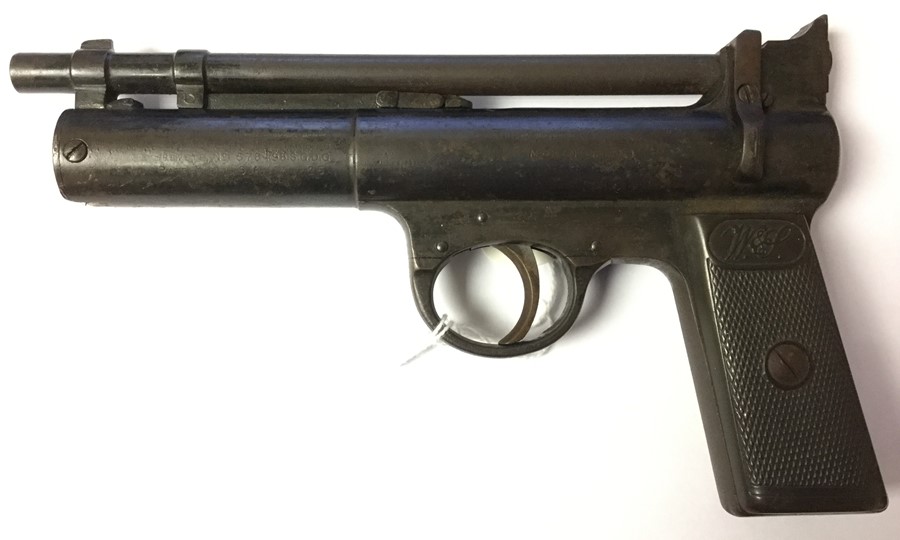 Webley Senior Air Pistol. .22 cal. Number 358. Composition grips with W&S initials. Action a/f.