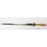 Dagger with 35cm long double edged blade. No makers marks. Carved fluted bone grip. White metal