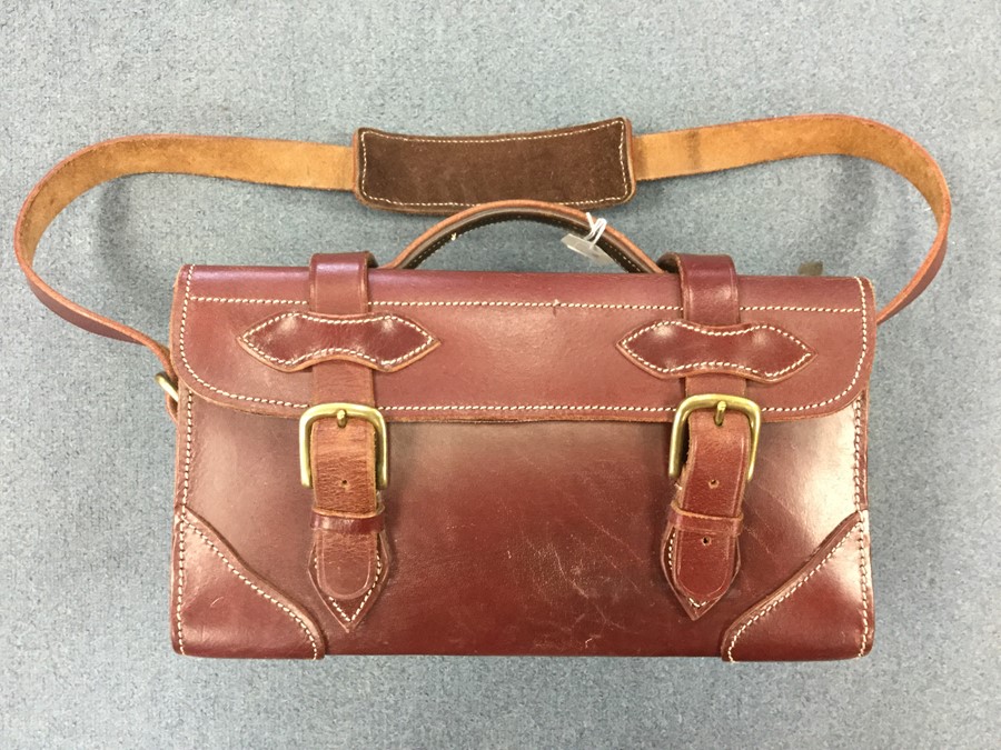 Brown Leather Cartridge Box with carrying handle and shoulder sling. Brass buckles. Approx 12.5