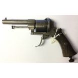 Belgian made Pin Fire revolver. No serial number. Approx 9mm bore. 85mm long barrel. Folding