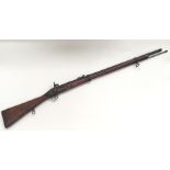 Percussion cap musket with 32.5 inch barrel. Overall length 48.5 inches. Working action. Complete
