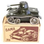 Gama: A boxed Gama, No.70 clockwork tinplate Tank, within original box, Harrods Price Label 14/6