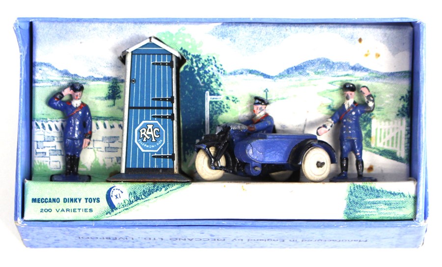 Dinky: A Dinky Toys, Gift Set No. 43, pre-war, 'R.A.C. Hut, Motor Cycle Patrol, and Guides',