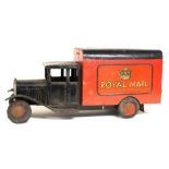 Triang: A Triangtois, 1937, tinplate four-wheel van, long bonnet, black body, with wooden Royal Mail