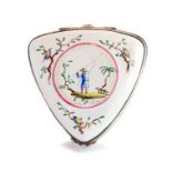A 19th Century Faience trinket box, of triangular from, the cover with a polychrome scene of a