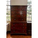 A George III flame mahogany chest on chest, circa 1770, dentil cornice, two short over three long