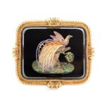 A mid 19th Century Italian micromosaic brooch, decorated with a peacock on a branch, bright cut