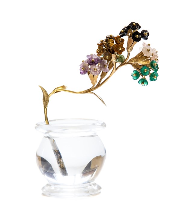 A miniature botanical study in the manner of Faberge, 20th Century, yellow metal stem (appears