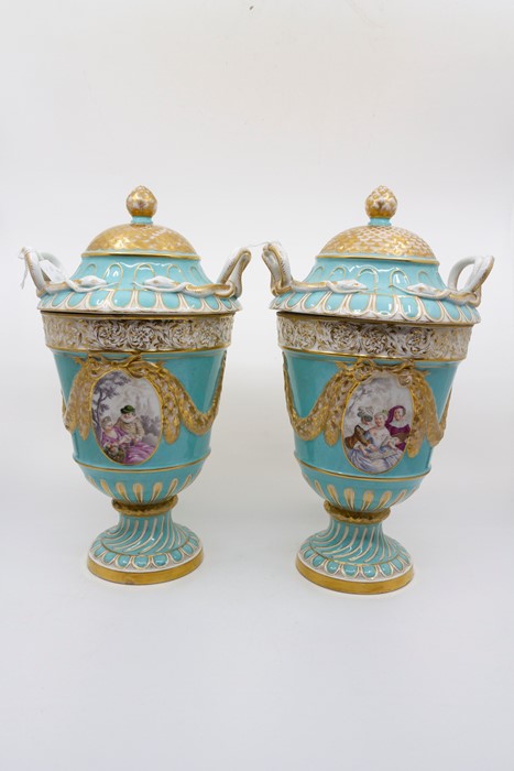 A pair of Augustus Rex vases and covers. Turquoise ground with painted panels of courting couples, - Image 3 of 4