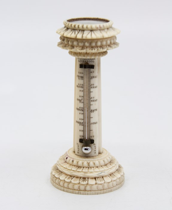 An antique ivory desk thermometer and compass combined, signed R. Ashburne, Liberpool, height 11cm