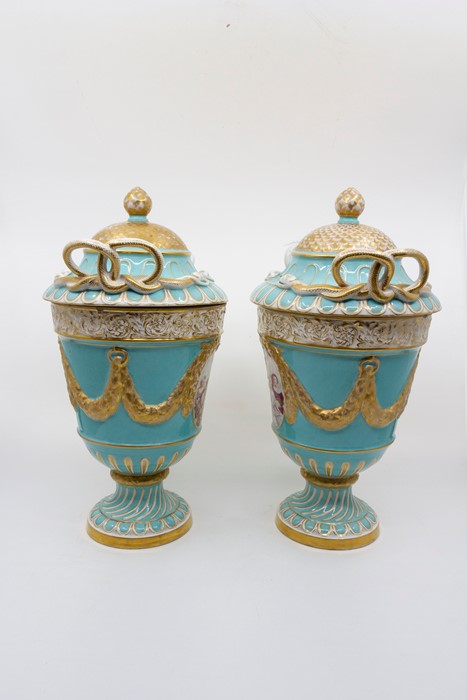 A pair of Augustus Rex vases and covers. Turquoise ground with painted panels of courting couples, - Image 4 of 4