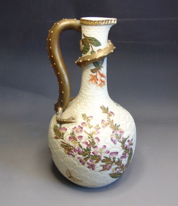 A Royal Worcester ewer, ivory scaled painted with green and gilt leaves, flowers and butterflies. - Image 2 of 3