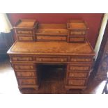 A Victorian oak and pollard inlay pedestal writing desk, circa 1870, a two higher section with an