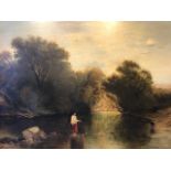 British School, 19th Century, a river scene with figures and a dog, oil on canvas, 80 by 112cm, gilt