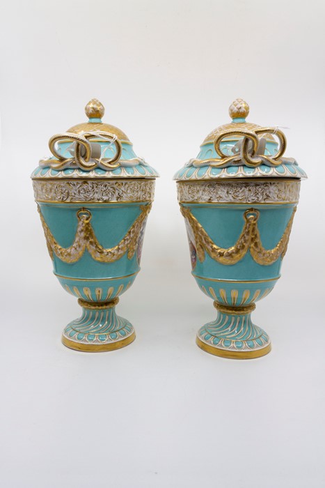 A pair of Augustus Rex vases and covers. Turquoise ground with painted panels of courting couples, - Image 2 of 4