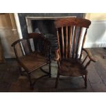 A 19th Century high back kitchen armchair, together with a late Victorian canework seated oak corner