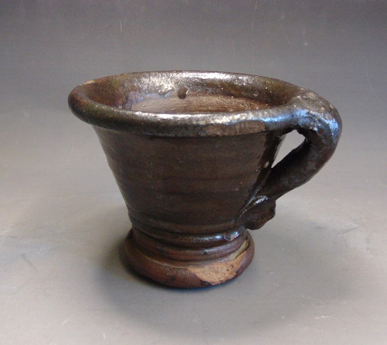 Post Medieval pottery, a mortar, an earthenware lead glazed cup and a black glazed Jug, mortar 16. - Image 2 of 7