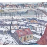 William Stuhr (Danish, 1882-1958), a riverside town in winter, signed and dated 1916 l.l., oil on